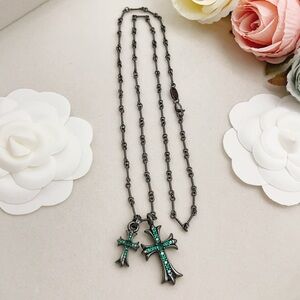 Chrome Hearts Black and Green Diamond Double Cross Necklace